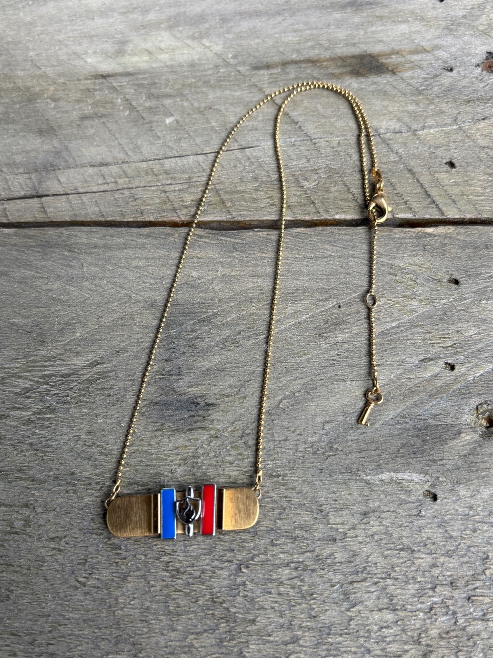 Gold Tone Bar Necklace with Red & Blue Enamel Accents Keep Collective
